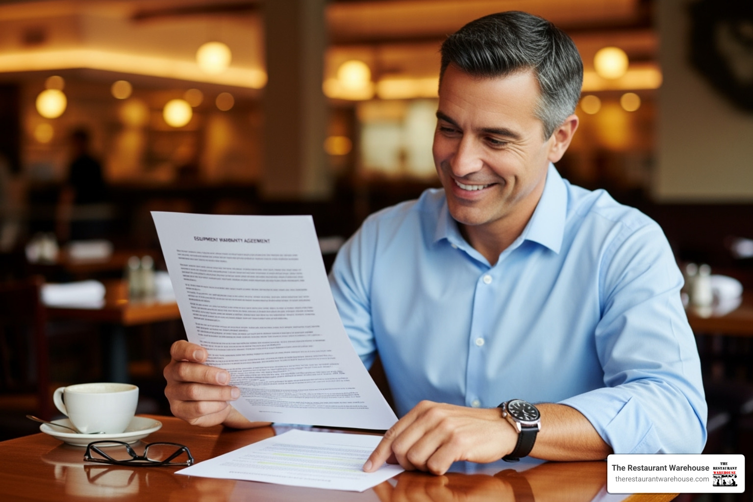 restaurant owner reviewing a warranty document with a smile - reach in fridge commercial