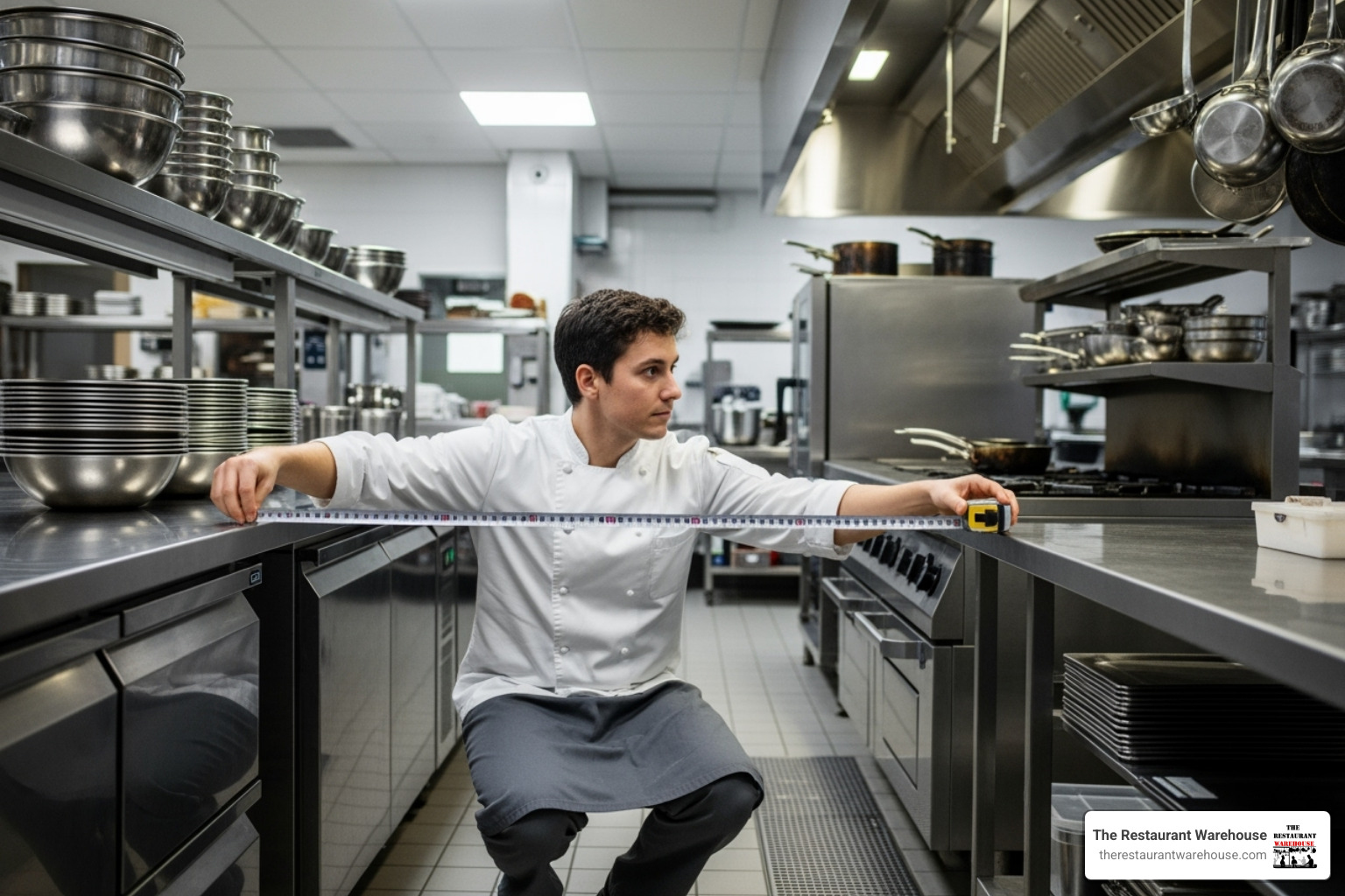 person measuring the space for a new refrigerator in a commercial kitchen - reach in fridge commercial