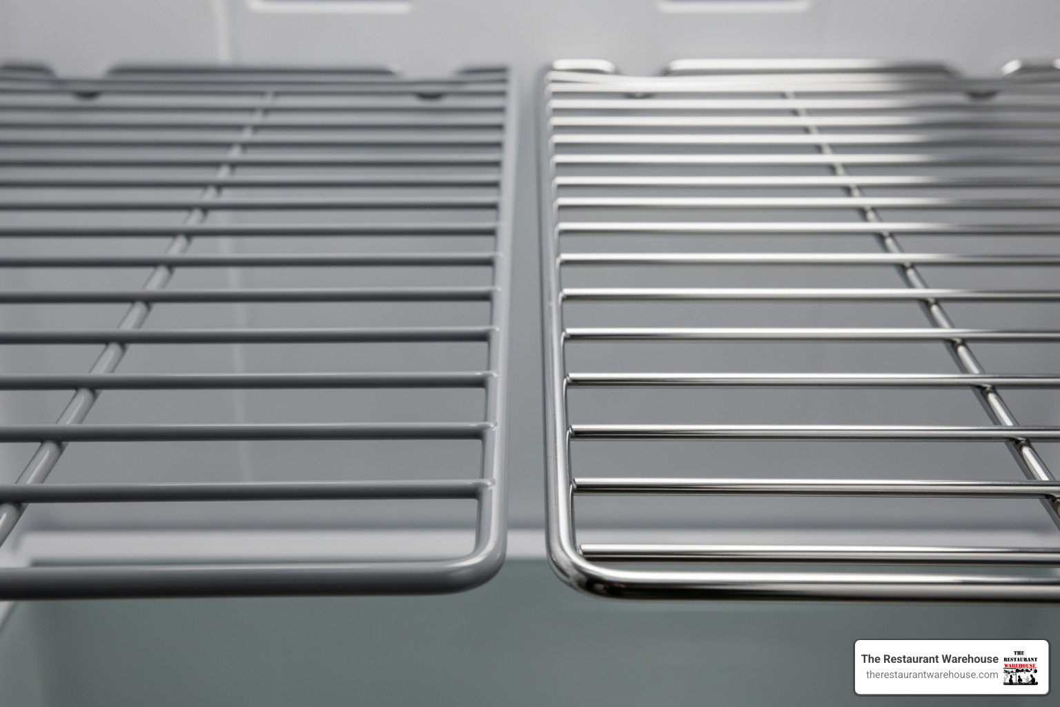 epoxy-coated shelf next to a stainless steel shelf - atosa commercial refrigerator shelves