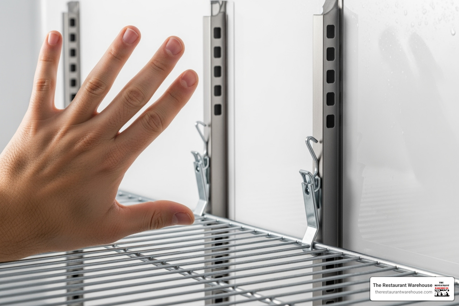 shelf clips and a hand installing a shelf into a pilaster strip - atosa commercial refrigerator shelves