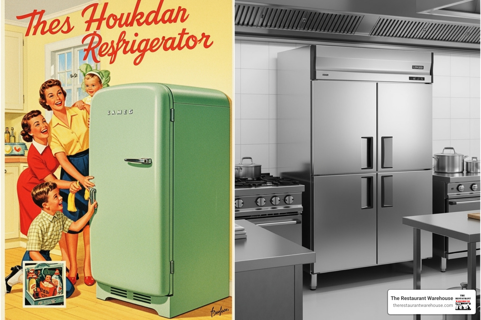 collage comparing a vintage 1950s refrigerator ad with a modern commercial reach-in unit - reach in fridge commercial