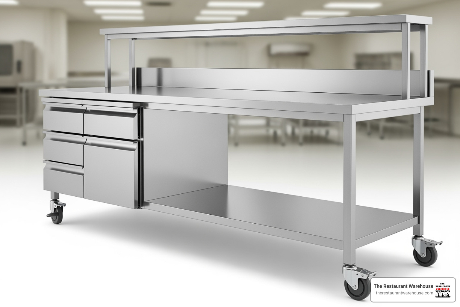 work table outfitted with an overshelf, drawers, and casters - commercial kitchen table