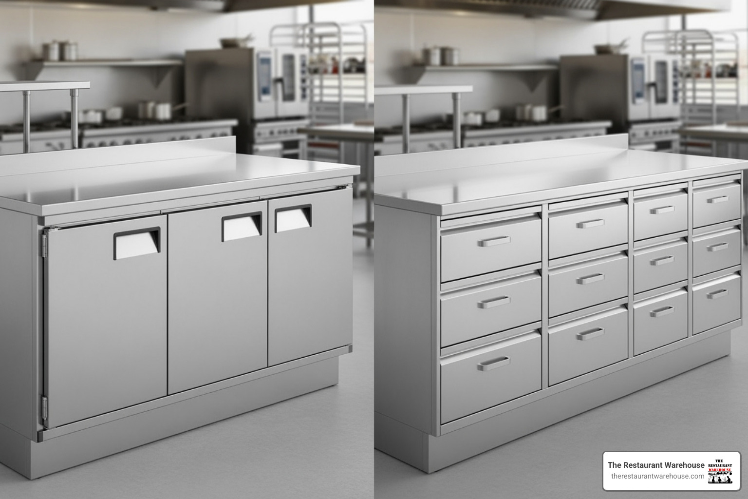 Side-by-side comparison of a commercial prep table with solid doors and another with multiple drawers - 72 inch mega top prep table