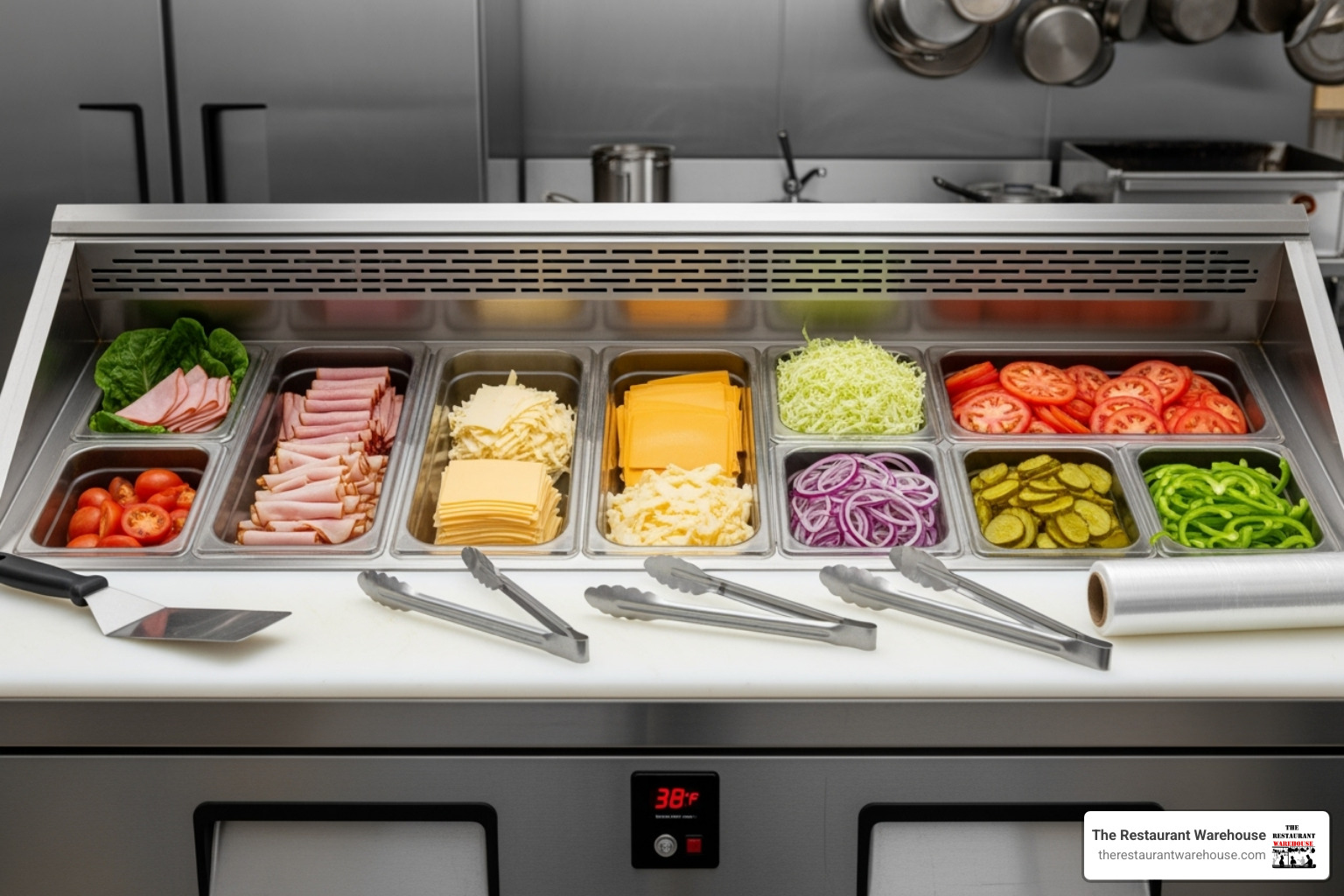 sandwich prep table with ingredient bins open - commercial kitchen table