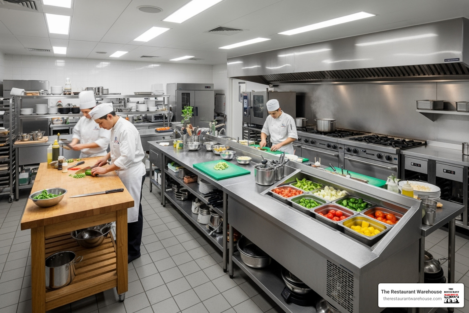 showcasing a stainless steel table, a wood top table, and a refrigerated prep table side-by-side - commercial kitchen table