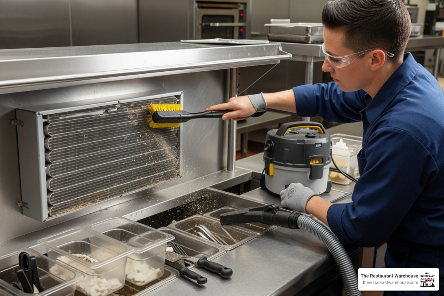 Image of a technician cleaning the condenser coil of a refrigerated prep table - 67 inch pizza prep table