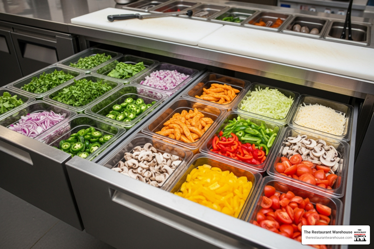 Image of a drawer-style prep table with drawers open, revealing neatly organized food pans and ample storage capacity - 67 inch pizza prep table