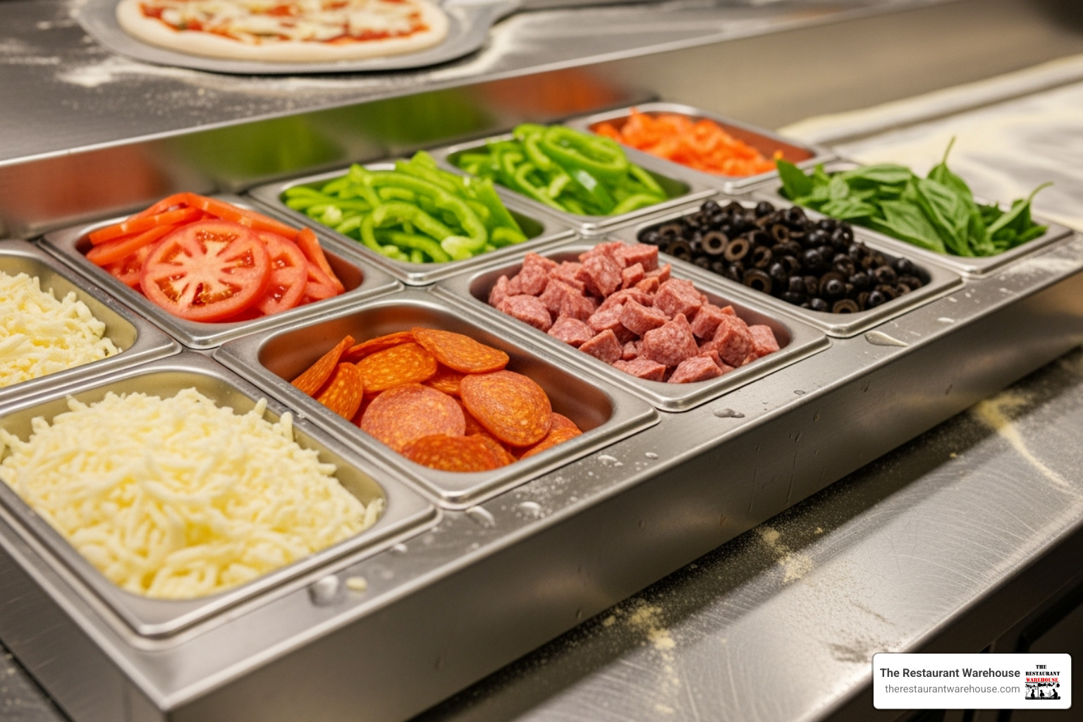 Close-up of a gleaming stainless steel pan rail filled with fresh, colorful ingredients for pizza preparation - 67 inch pizza prep table
