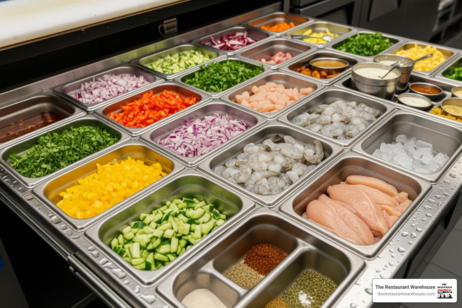 Open drawer of a commercial prep table filled with neatly organized food pans, showcasing efficient ingredient storage - 72 inch mega top prep table