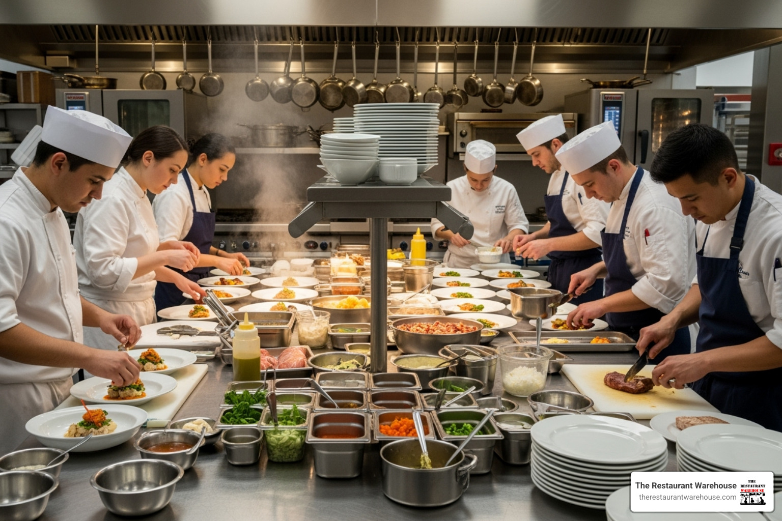 Multiple chefs working simultaneously at a large prep table, efficiently assembling food orders - 72 inch mega top prep table