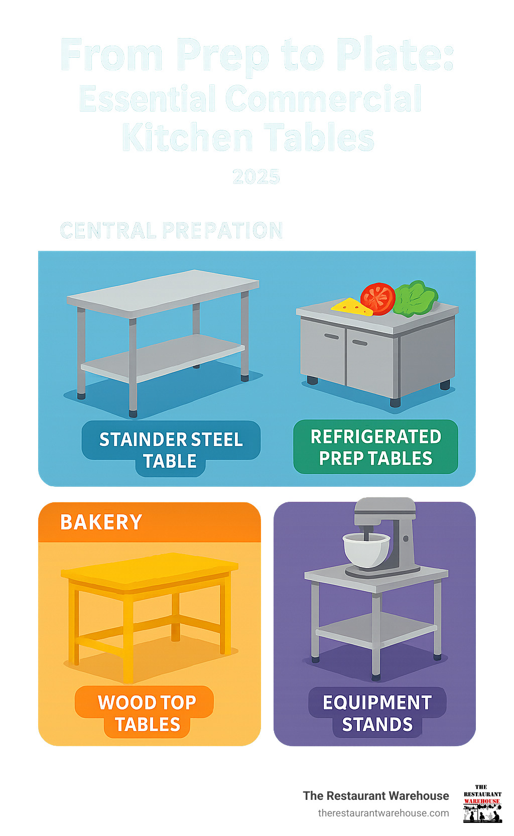 Infographic showing commercial kitchen workflow zones with stainless steel prep tables in the central preparation area, refrigerated prep stations for cold foods, wood top tables in the bakery section, and equipment stands supporting mixers and other appliances, demonstrating how different table types create efficient workstations throughout the kitchen - commercial kitchen table infographic 