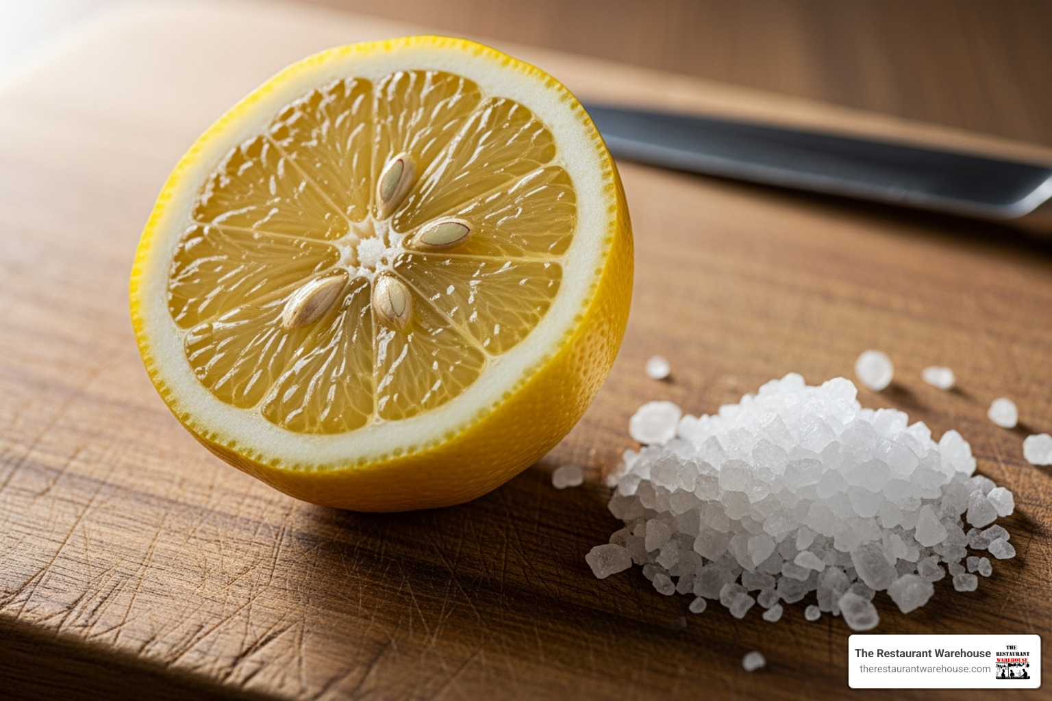 a lemon half and coarse salt on a wooden cutting board - Cutting board prep