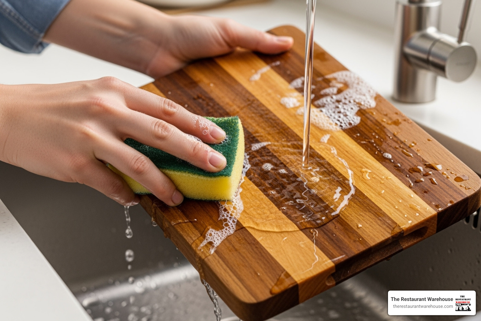 a wooden cutting board being hand-washed with a soft sponge and mild soap - Cutting board prep