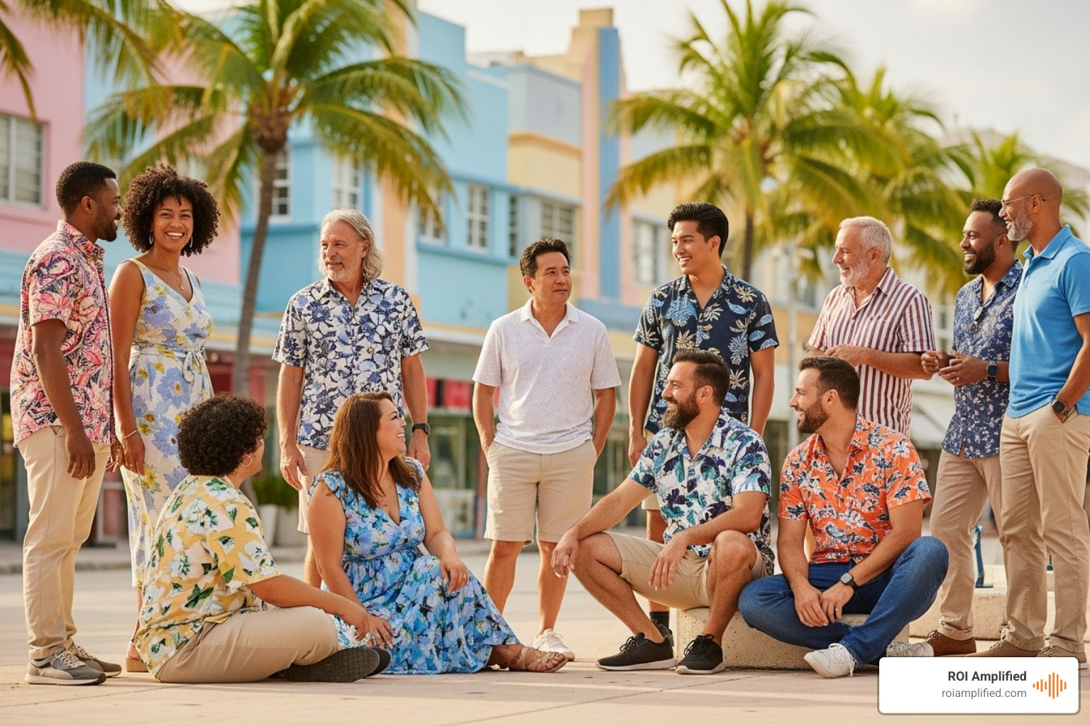 diverse group of consumers engaging with brands on their phones in a Miami-inspired setting - south florida online marketing agency diverse group of consumers engaging with brands on their phones in a Miami-inspired setting - south florida online marketing agency