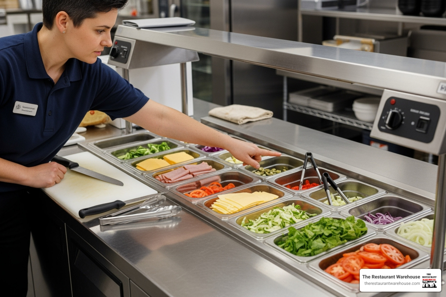a person examining the features of a stainless steel prep station - countertop sandwich prep station