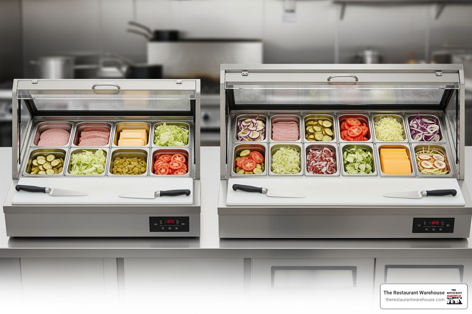 comparing a standard top prep station with a mega-top version, highlighting the extra row of pans - countertop sandwich prep station