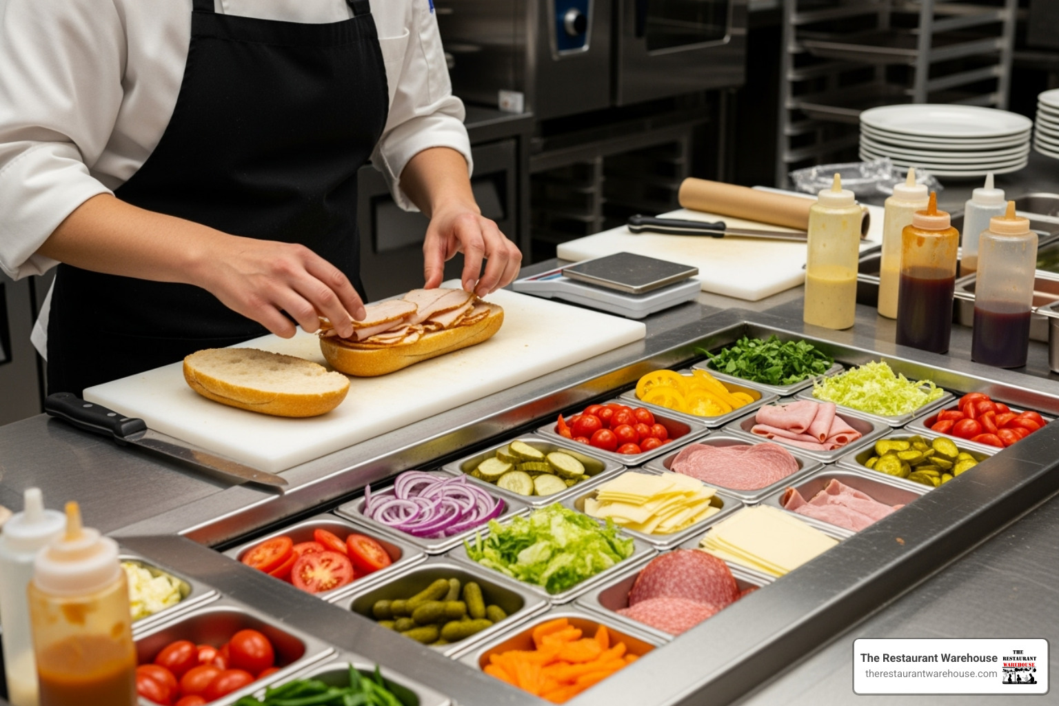 a chef efficiently assembling a sandwich using a well-organized prep station - countertop sandwich prep station