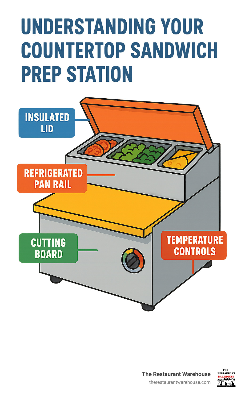 infographic explaining the key components of a countertop sandwich prep station: refrigerated pan rail, cutting board, insulated lid, and temperature controls. - countertop sandwich prep station infographic 