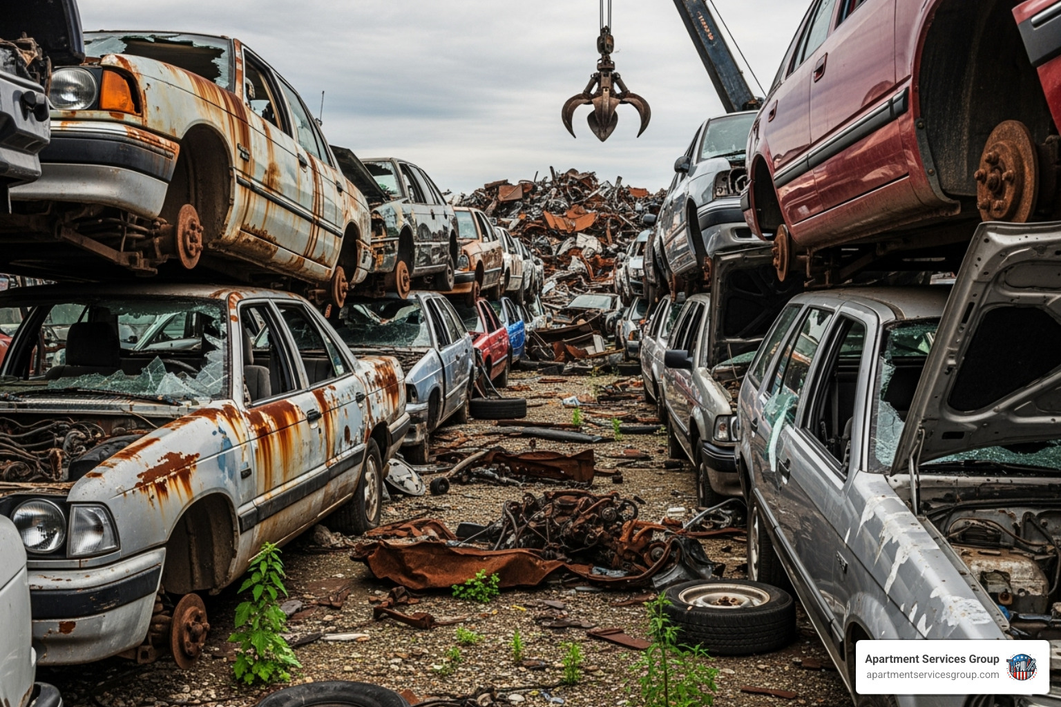 various junk vehicles (sedan, truck, SUV) lined up - Houston junk car removal