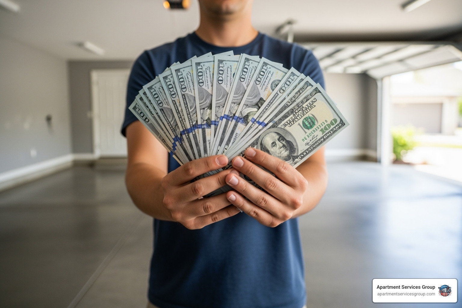 a person holding cash with a cleared-out garage in the background - Houston junk car removal