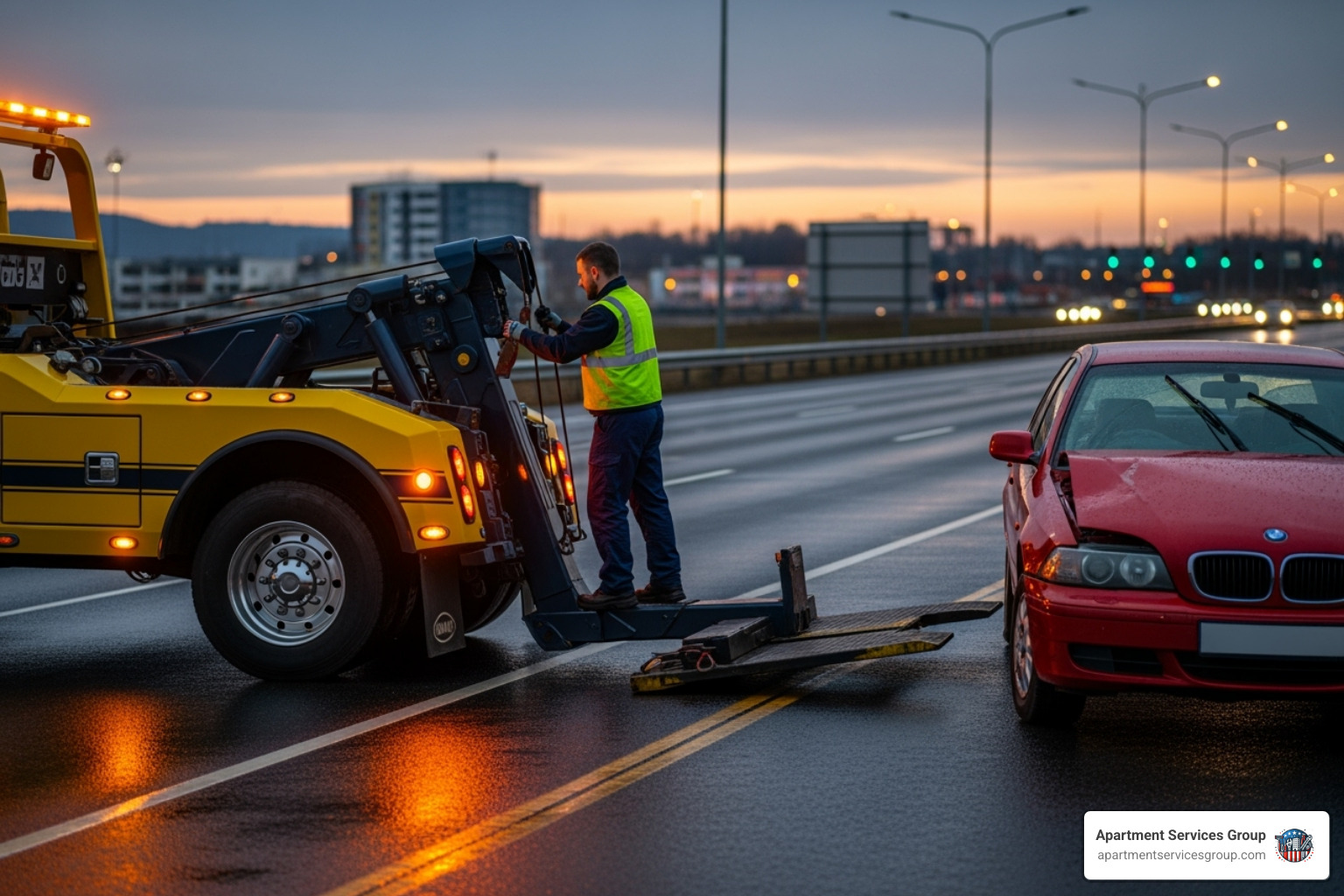 a professional tow truck safely hooking up a junk car - Houston junk car removal