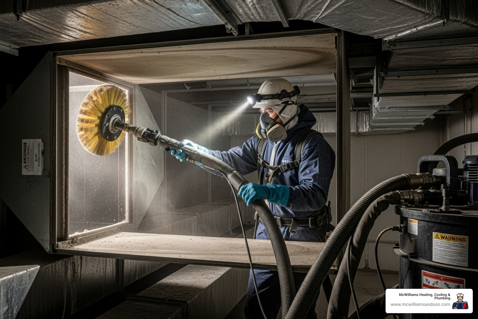 certified technician using professional duct cleaning equipment in a commercial setting - environmental air duct cleaning