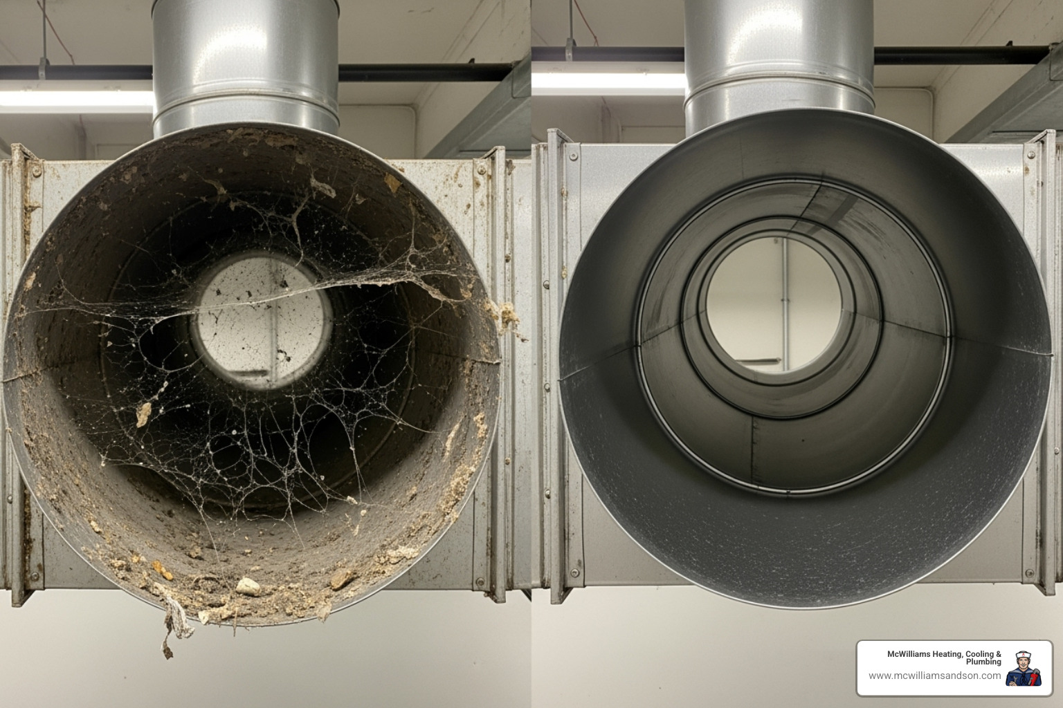 before-and-after comparison of a dirty vs. clean commercial air duct - environmental air duct cleaning