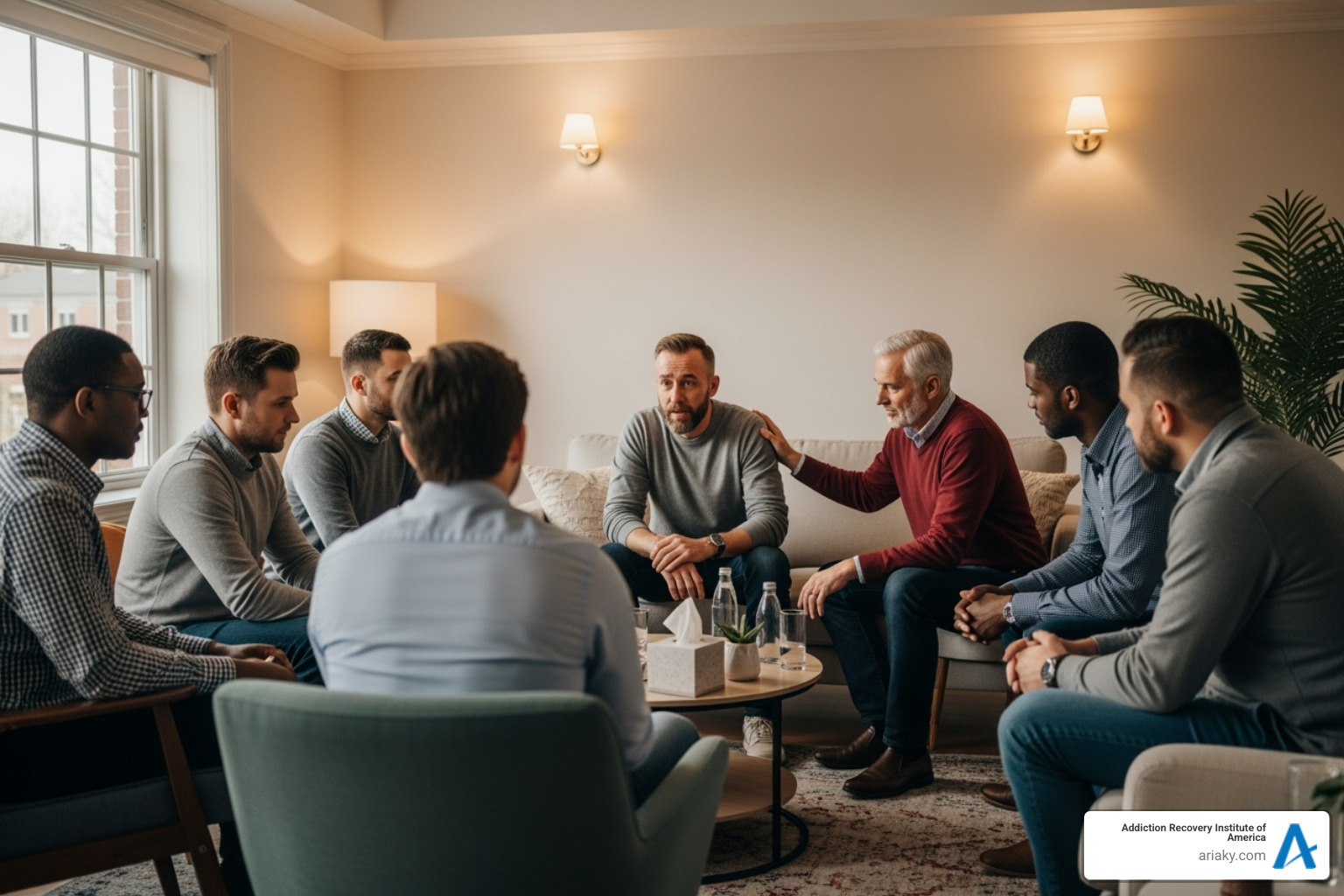 A supportive group therapy session for men - Kentucky men's rehab