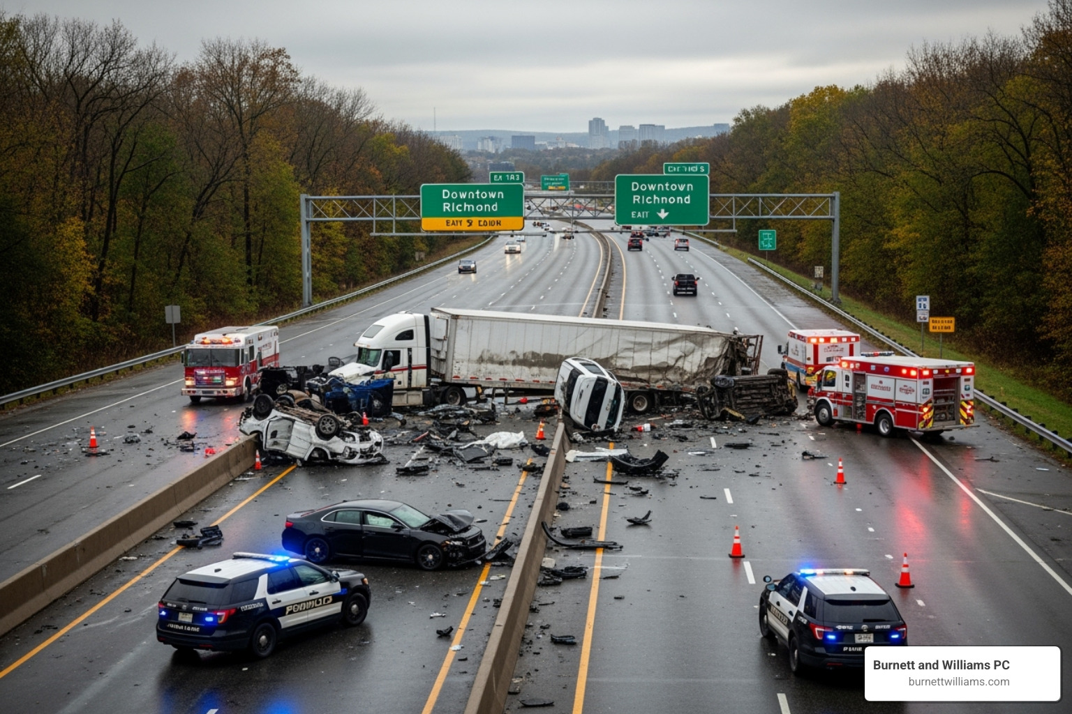 Multi-car accident scene on a Richmond highway - Richmond personal injury Multi-car accident scene on a Richmond highway - Richmond personal injury
