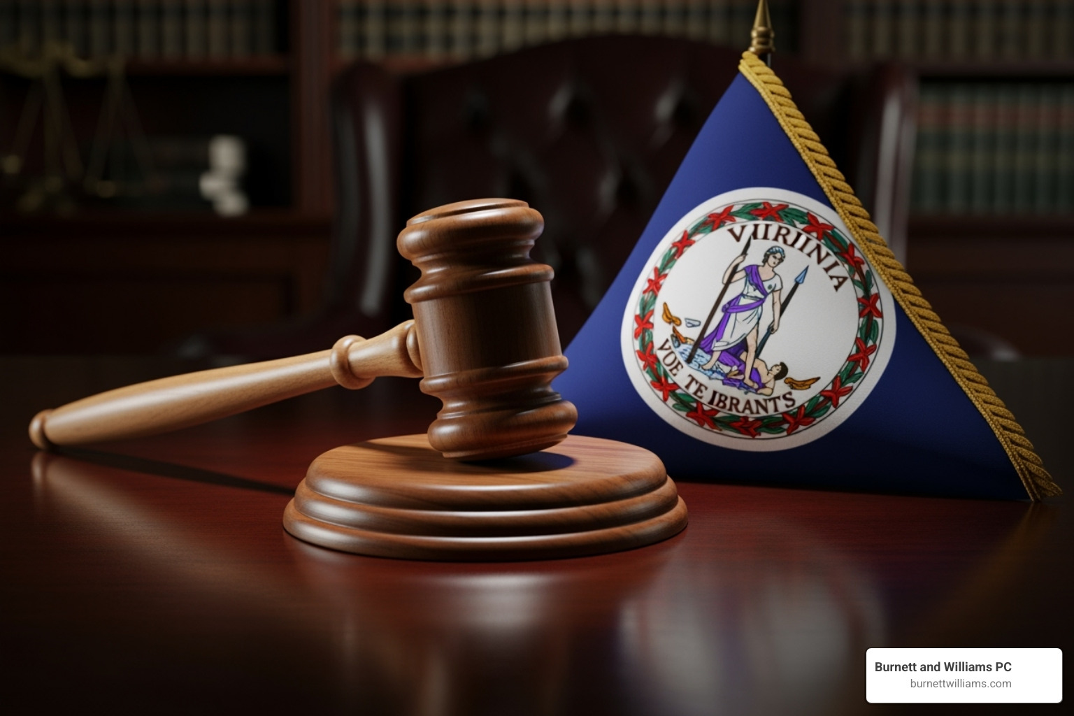 Gavel and the Virginia state flag - Richmond personal injury Gavel and the Virginia state flag - Richmond personal injury