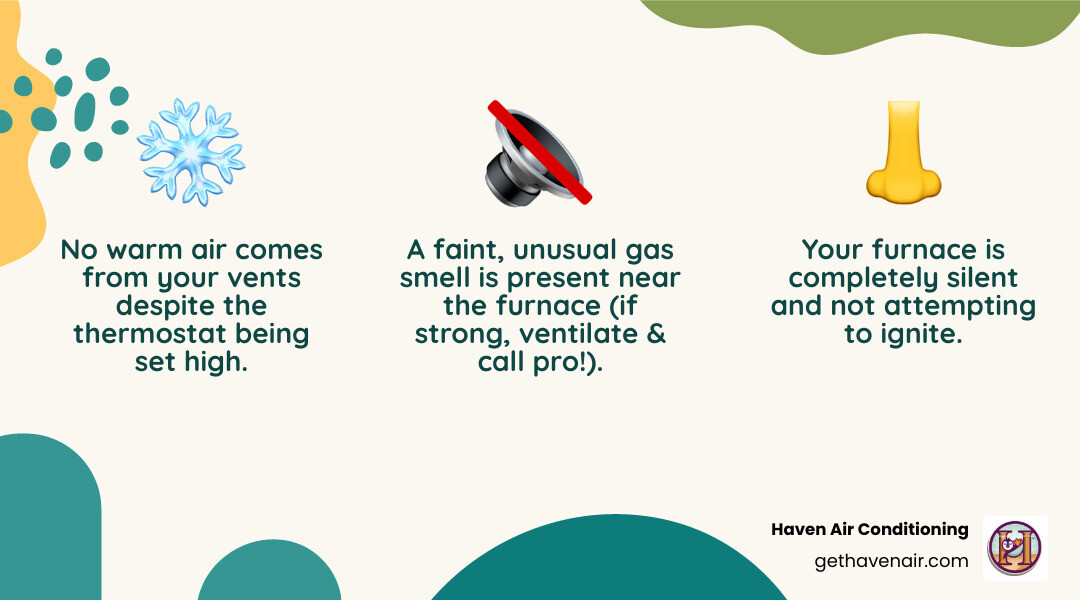 Infographic showing the main signs of a pilot light being out: no heat from vents, silent furnace operation, faint gas odor, and unresponsive thermostat, with visual indicators for each symptom - furnace pilot light infographic 3_facts_emoji_nature Infographic showing the main signs of a pilot light being out: no heat from vents, silent furnace operation, faint gas odor, and unresponsive thermostat, with visual indicators for each symptom - furnace pilot light infographic 3_facts_emoji_nature