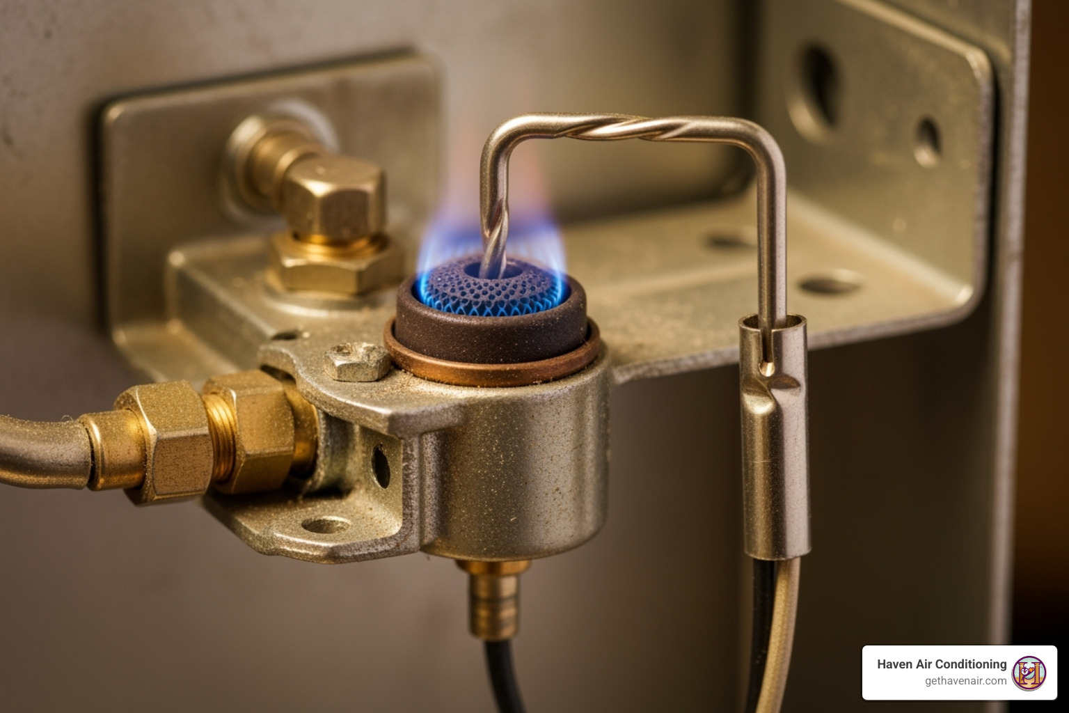 A close-up image of a furnace thermocouple next to the pilot assembly, showing the metal probe extending into where the pilot flame would be - furnace pilot light A close-up image of a furnace thermocouple next to the pilot assembly, showing the metal probe extending into where the pilot flame would be - furnace pilot light