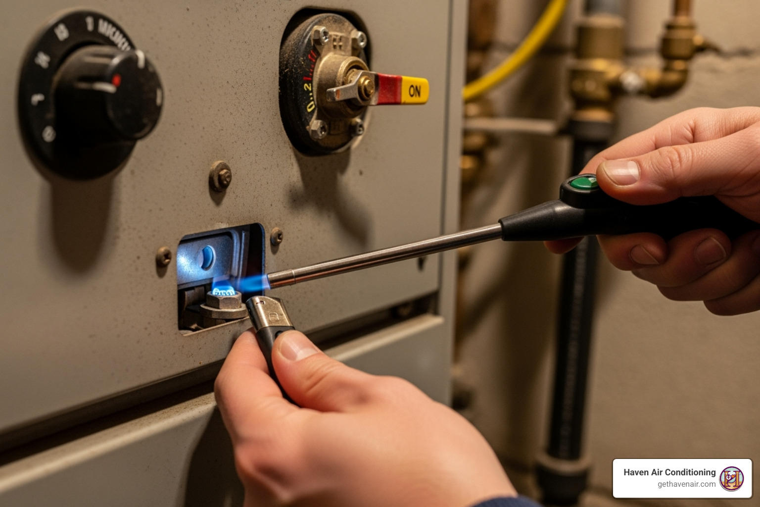 A person's hands carefully holding a long barbecue lighter near the pilot light opening of a furnace, with the main gas valve and control knob visible - furnace pilot light A person's hands carefully holding a long barbecue lighter near the pilot light opening of a furnace, with the main gas valve and control knob visible - furnace pilot light