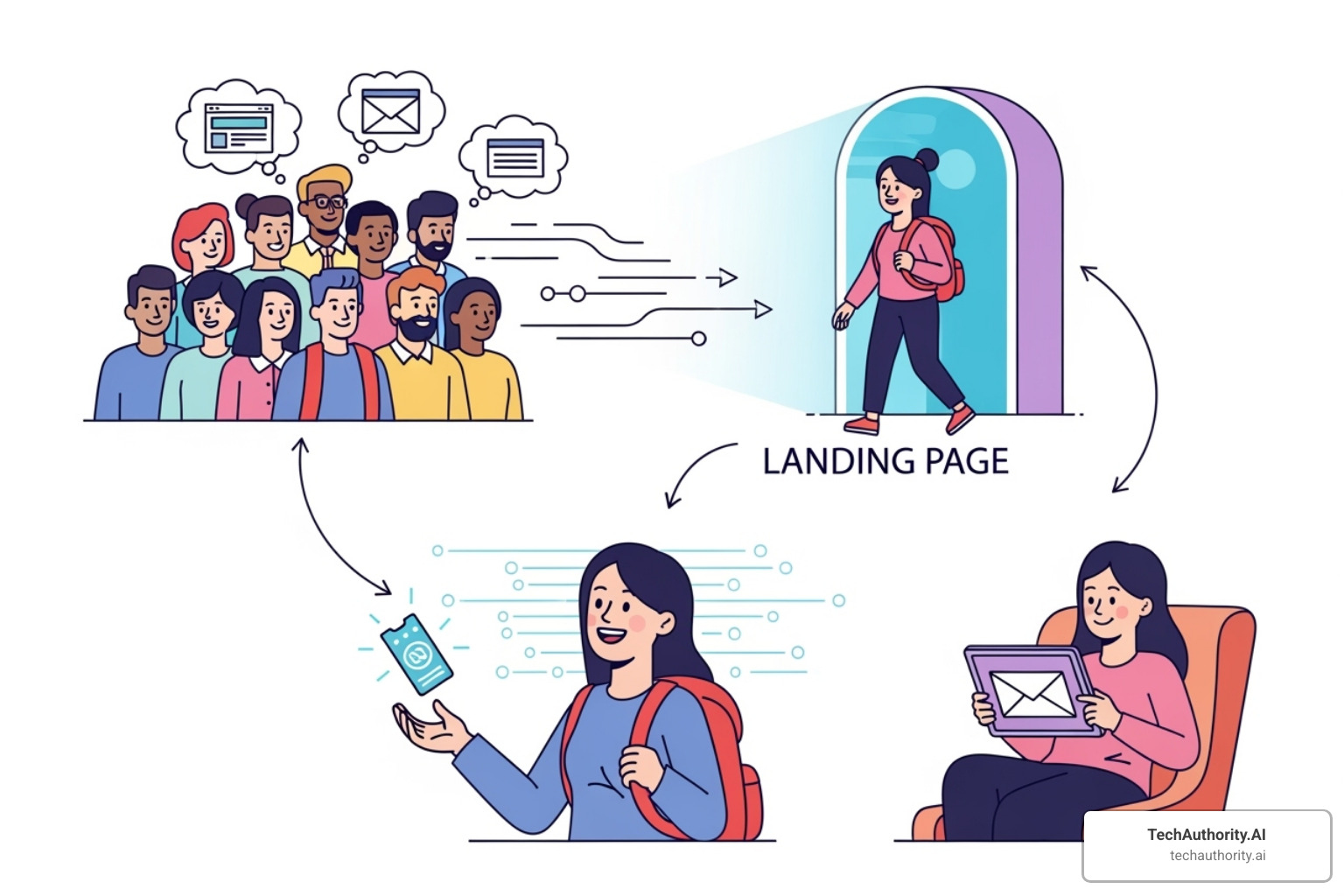 Image illustrating the flow from a traffic source to a squeeze page, thank you page, and email sequence - Clickfunnels lead magnet ideas