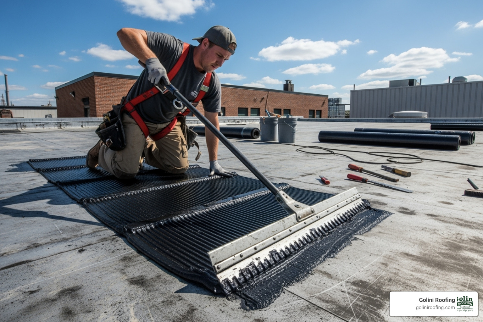 roofer applying cold adhesive with a notched squeegee - how to install cold process roofing roofer applying cold adhesive with a notched squeegee - how to install cold process roofing