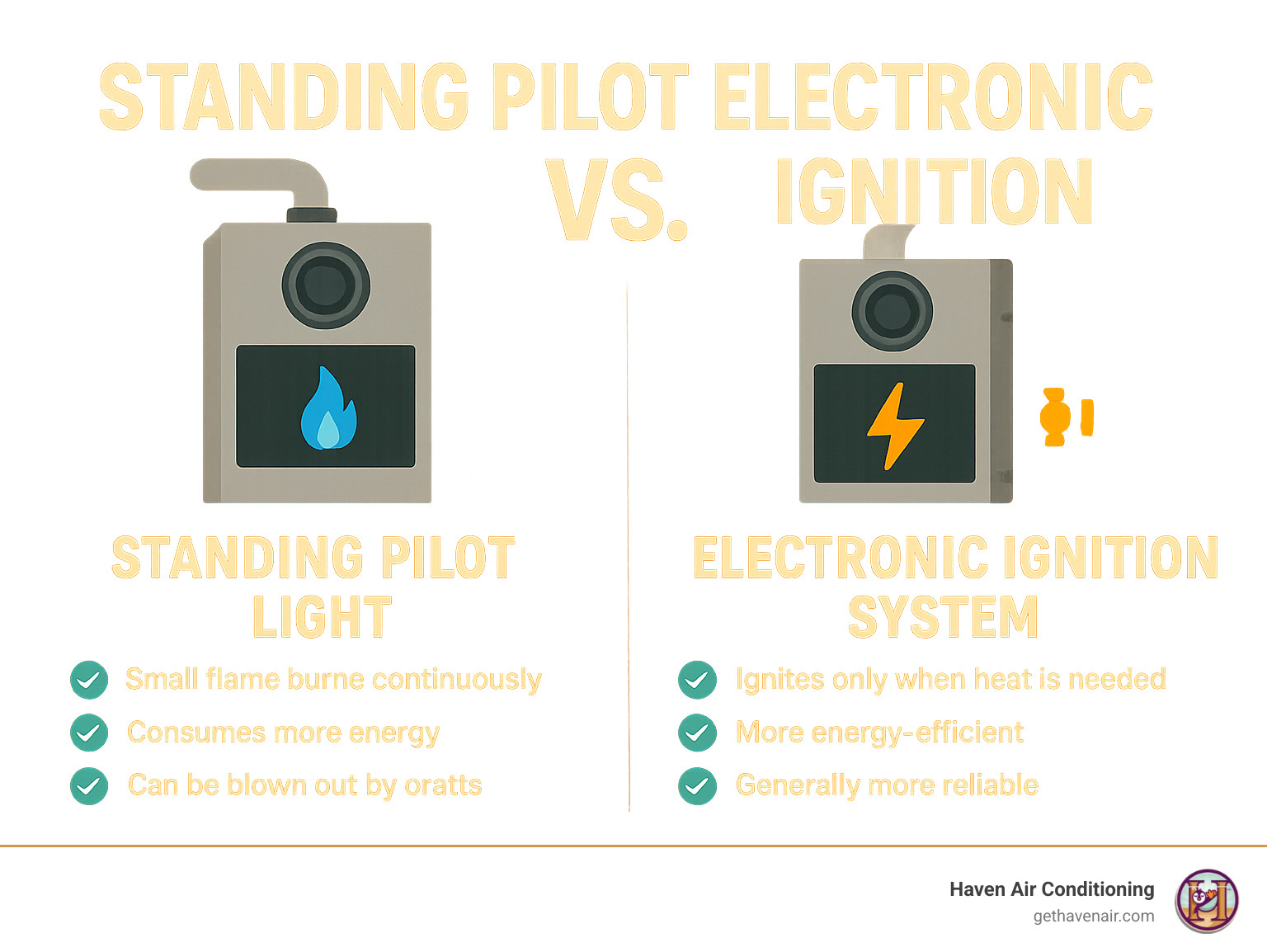 Infographic comparing the efficiency and reliability of standing pilot lights versus electronic ignition systems in modern furnaces - furnace pilot light infographic Infographic comparing the efficiency and reliability of standing pilot lights versus electronic ignition systems in modern furnaces - furnace pilot light infographic