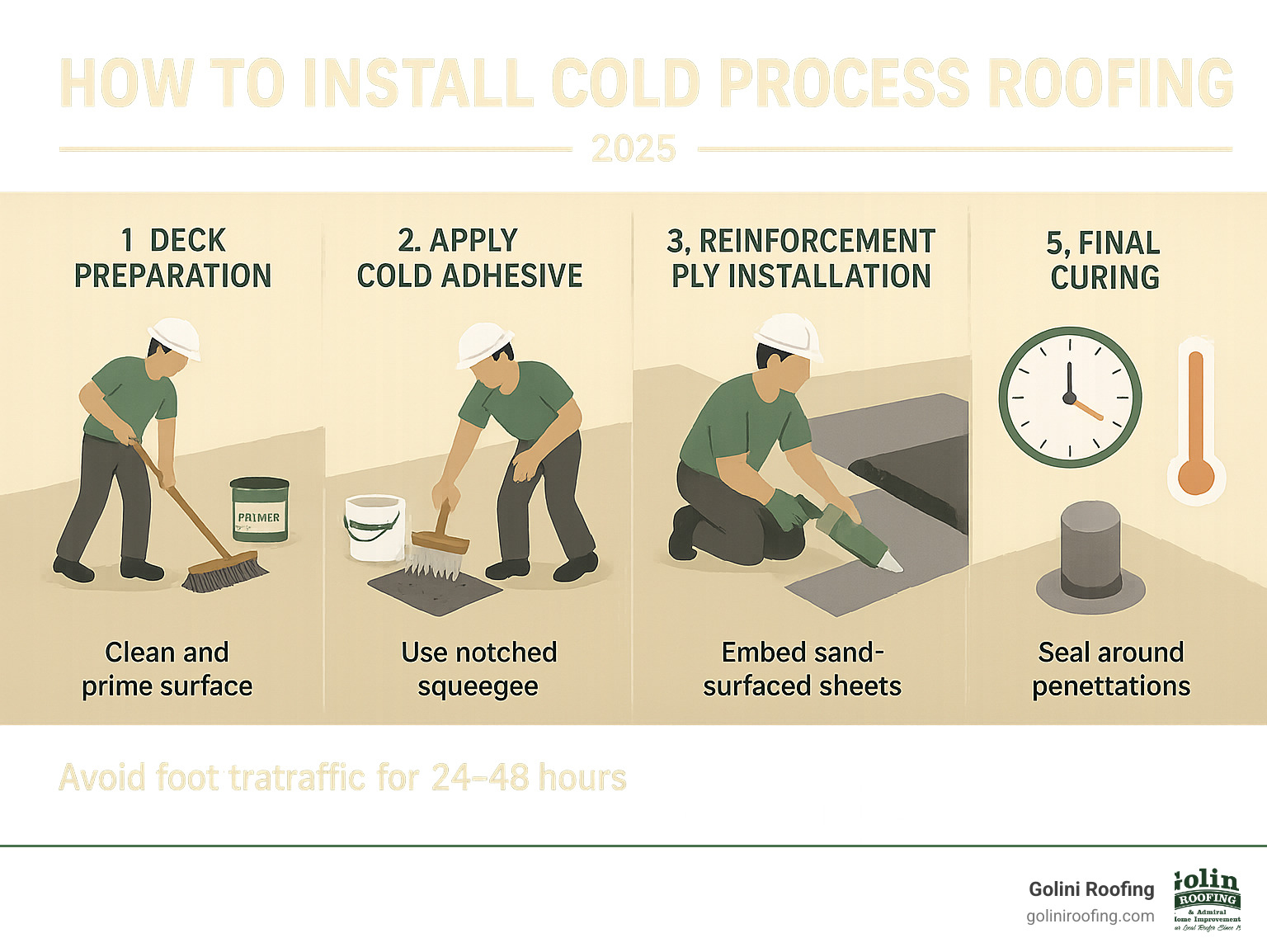 Infographic showing the step-by-step cold process roofing installation workflow, including deck preparation with cleaning and priming, cold adhesive application using notched squeegee at proper coverage rates, reinforcement ply installation with correct overlapping, flashing details around penetrations, and final curing timeline with temperature considerations - how to install cold process roofing infographic Infographic showing the step-by-step cold process roofing installation workflow, including deck preparation with cleaning and priming, cold adhesive application using notched squeegee at proper coverage rates, reinforcement ply installation with correct overlapping, flashing details around penetrations, and final curing timeline with temperature considerations - how to install cold process roofing infographic