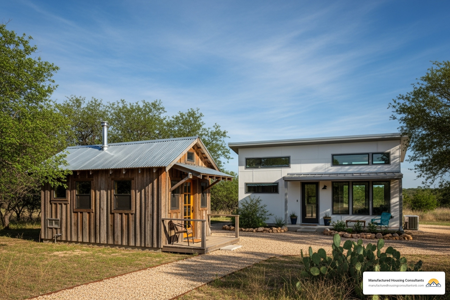 A rustic prefab cabin next to a modern ADU style home - Prefab tiny homes Texas