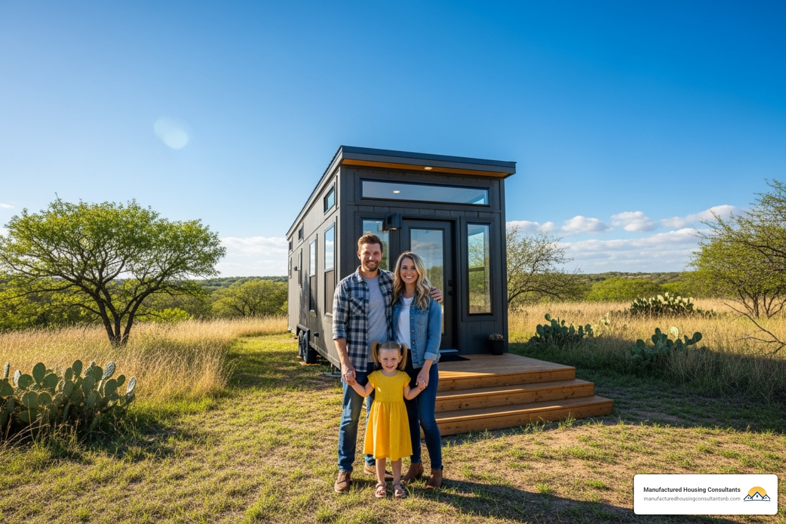 A family standing happily in front of their new tiny home - Prefab tiny homes Texas