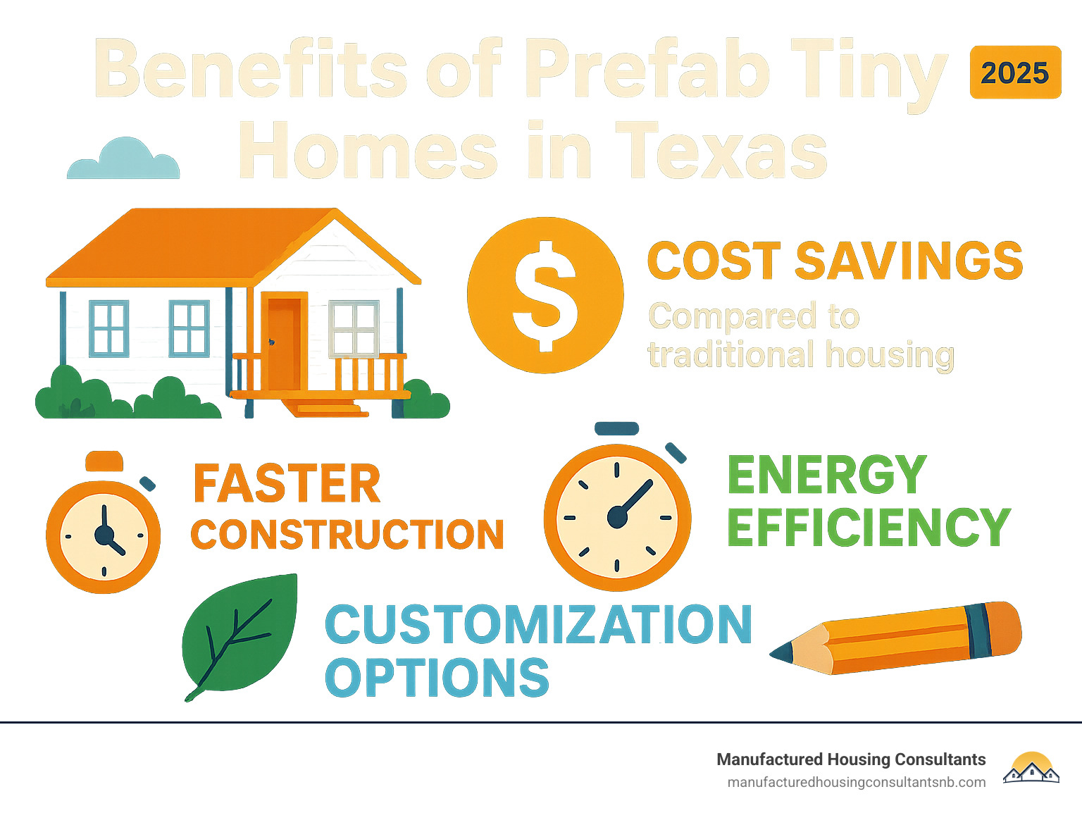 Benefits of prefab tiny homes in Texas including cost savings, faster construction, energy efficiency, and customization options compared to traditional housing - Prefab tiny homes Texas infographic 