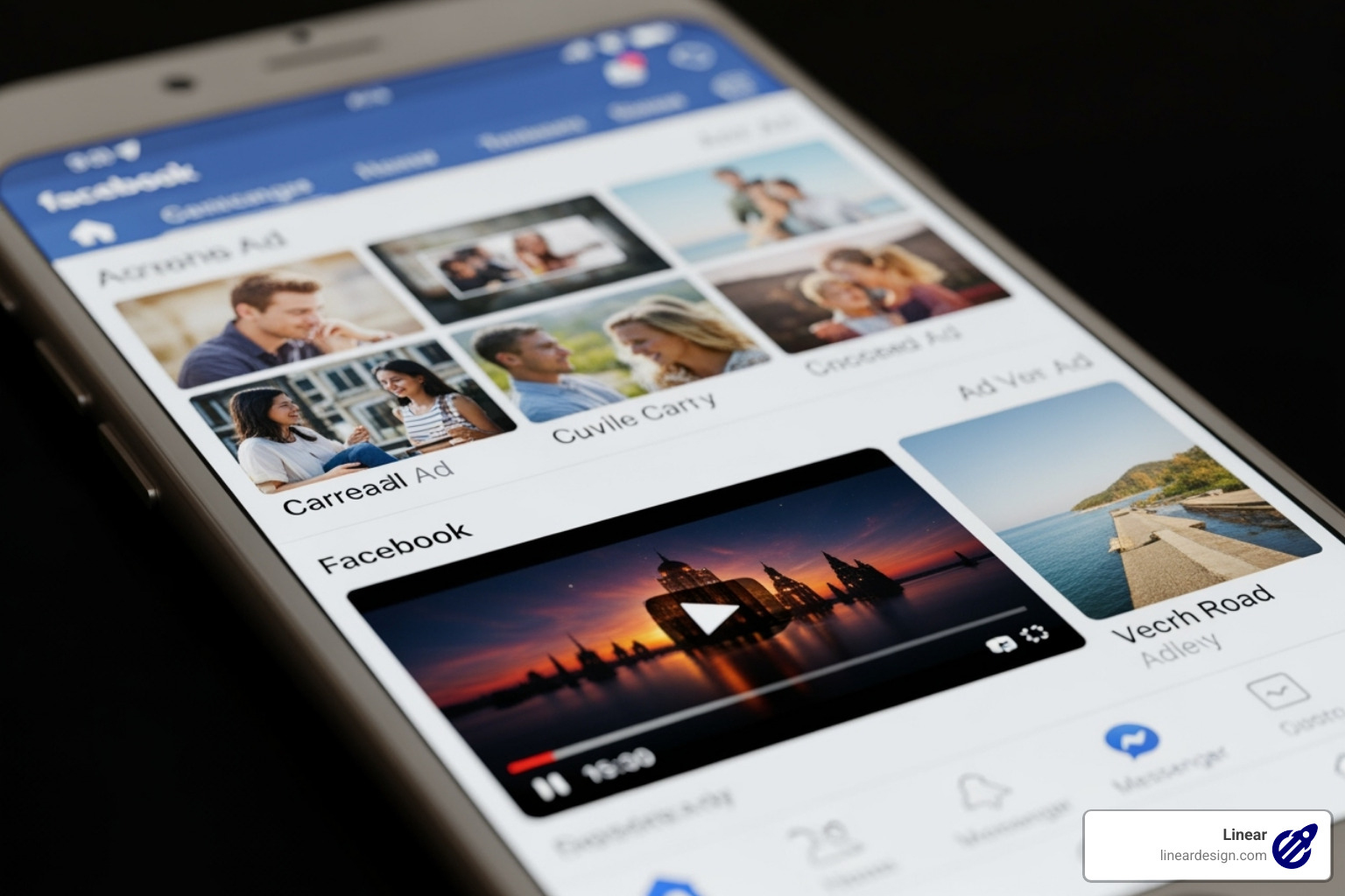 Facebook ad formats (carousel, video, single image) on a mobile screen - facebook ads management service