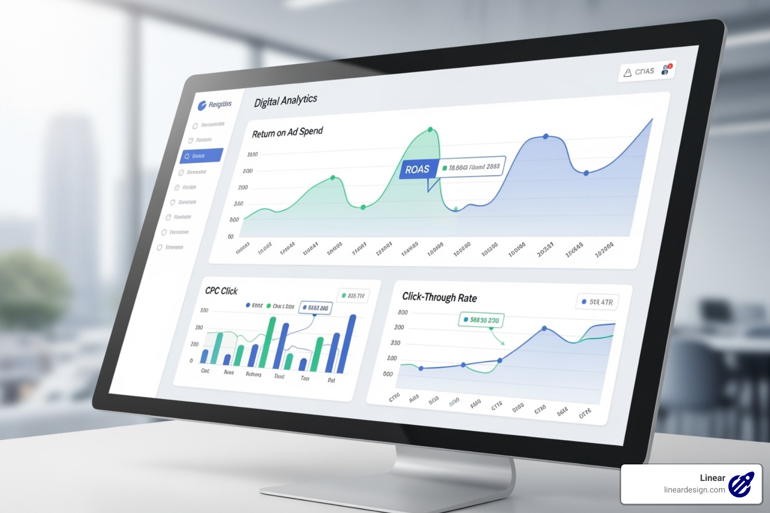 Clean and modern analytics dashboard showing key Facebook Ads metrics like ROAS, CPC, and CTR - facebook ads management service