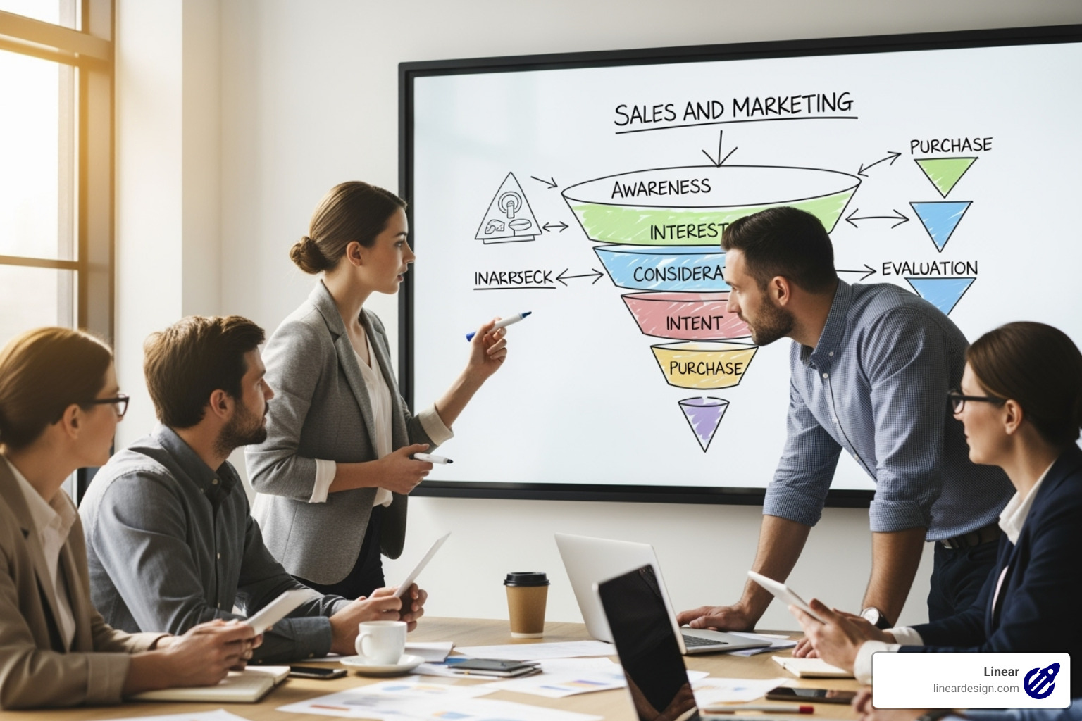 Marketing team collaborating around a whiteboard with a funnel diagram - facebook ads management service