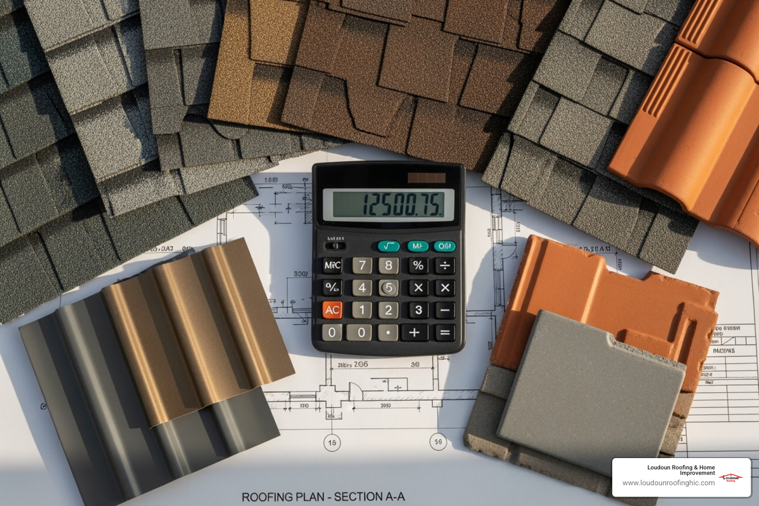 calculator and roofing material samples on a blueprint - roofer company near me