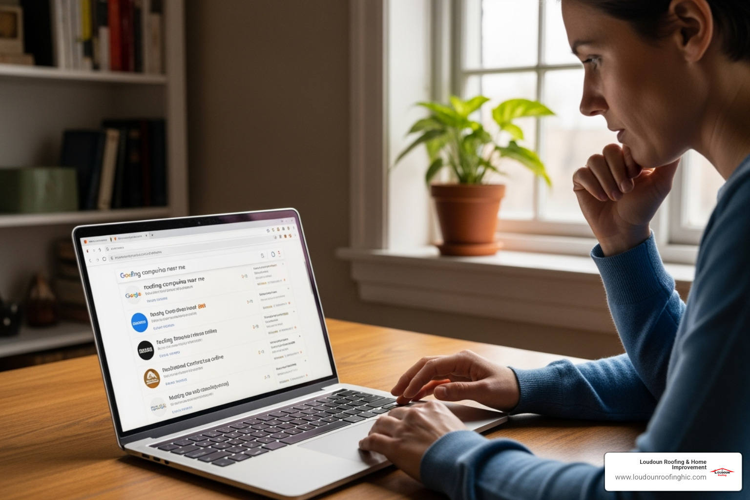 person searching for roofers on a laptop - roofer company near me