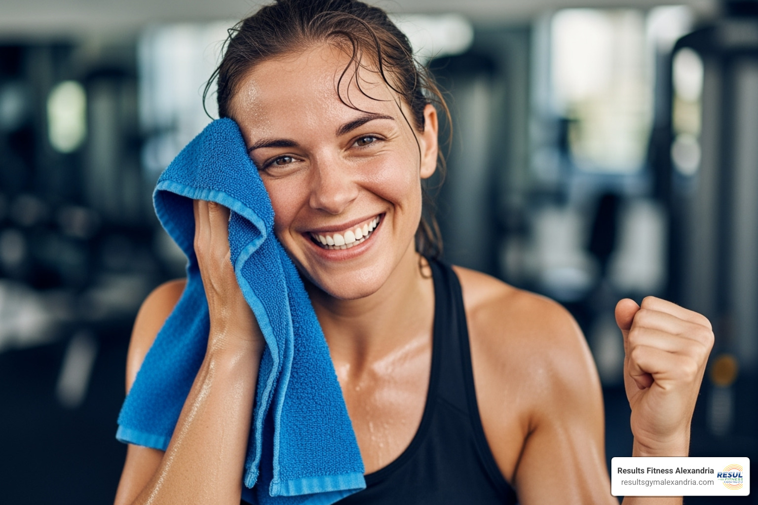A person looking energized and happy after a workout, wiping sweat with a towel and smiling - circuit class gym A person looking energized and happy after a workout, wiping sweat with a towel and smiling - circuit class gym
