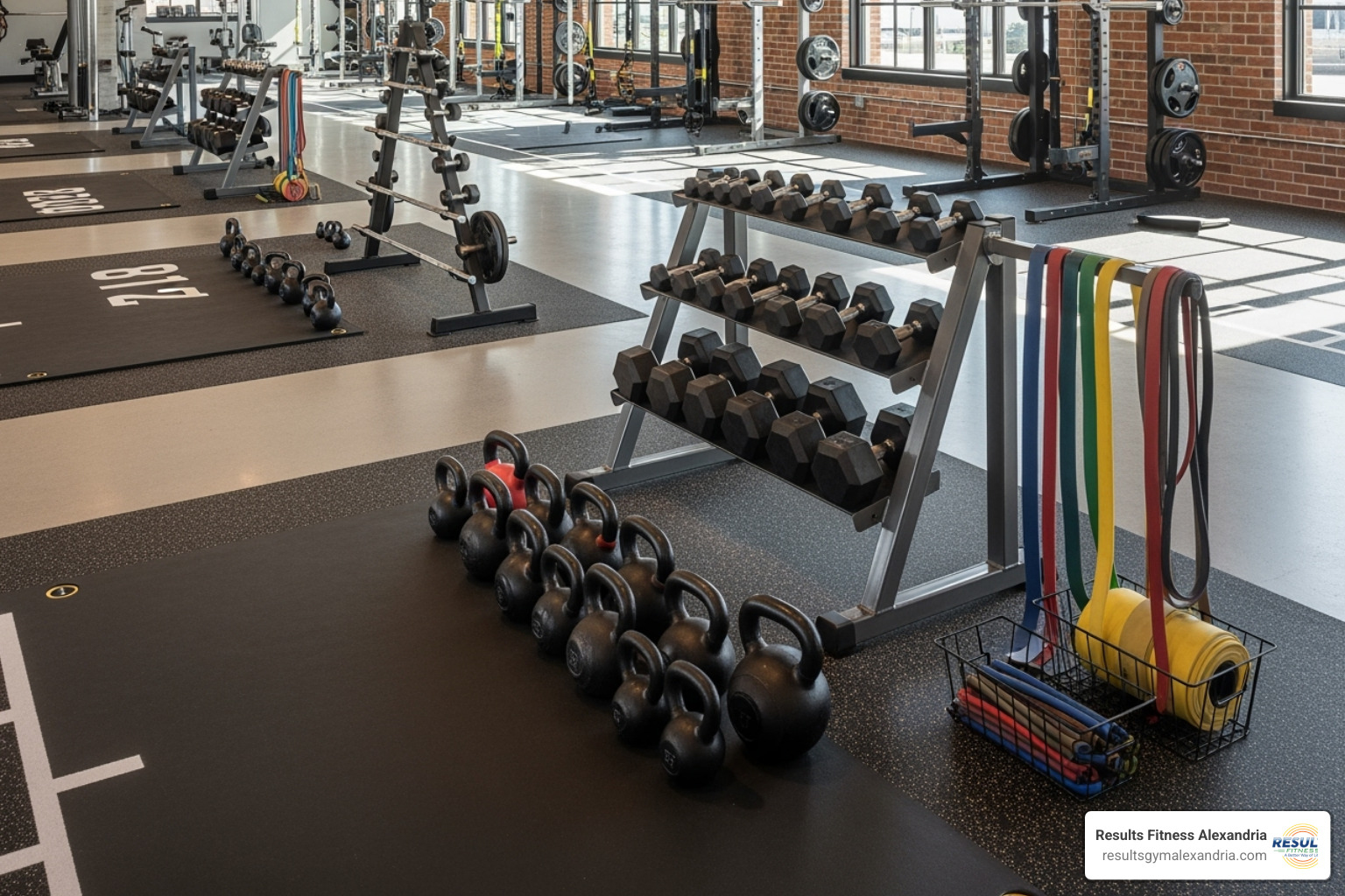 Various gym equipment like kettlebells, dumbbells, and resistance bands set up in stations - circuit class gym Various gym equipment like kettlebells, dumbbells, and resistance bands set up in stations - circuit class gym