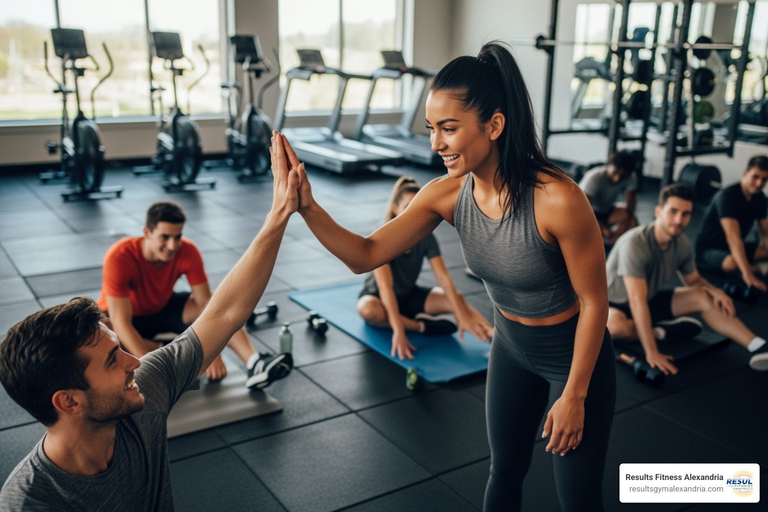 A smiling fitness instructor high-fiving a class participant - circuit class gym A smiling fitness instructor high-fiving a class participant - circuit class gym