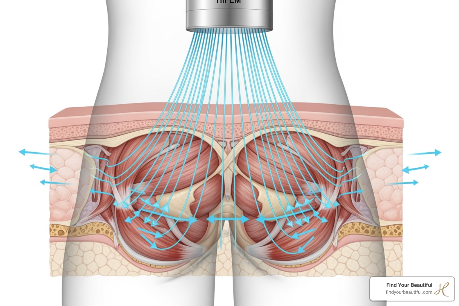 diagram showing HIFEM energy penetrating skin to contract gluteal muscles - EmSculpt butt lift diagram showing HIFEM energy penetrating skin to contract gluteal muscles - EmSculpt butt lift