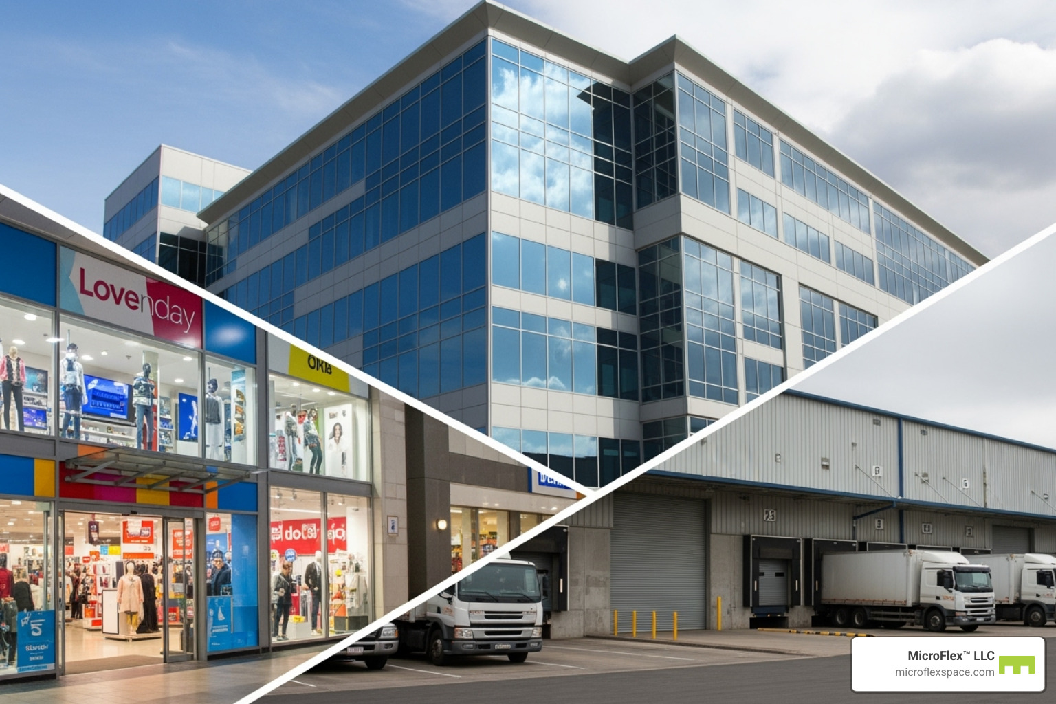 collage of different commercial properties (office, retail, warehouse) - commercial spaces for lease collage of different commercial properties (office, retail, warehouse) - commercial spaces for lease